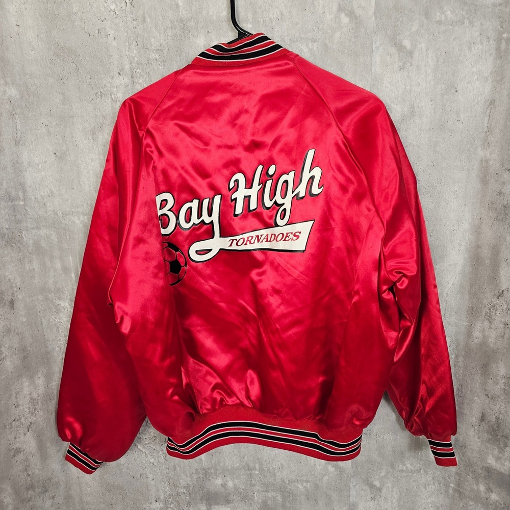Vintage 80s‎ Dunbrooke Bay High Tornadoes Satin Bomber Jacket Red Pla-Jac USA L